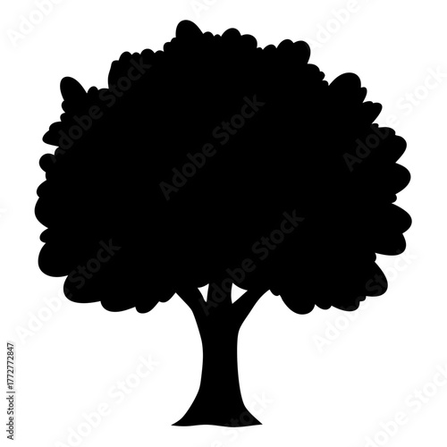 Full leafy tree silhouette icon on white background, Black silhouette of a mature tree with full leafy canopy, isolated on white background, ideal for nature, forest, or eco-themed designs.
