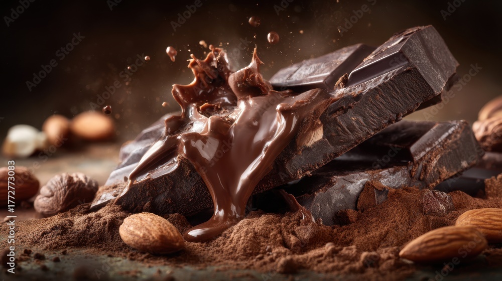 Fototapeta premium Rich melted chocolate flows over dark chocolate pieces surrounded by nuts and cocoa dust.
