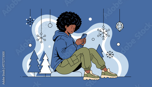 Person scrolls social media during winter break surrounded by snow and holiday decorations