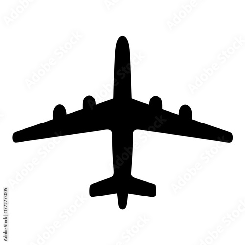 A simple black silhouette of a four engine wide body airplane