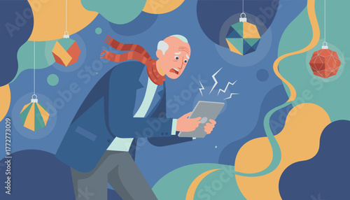 Senior man shocked by tech error on tablet amidst abstract winter decor Digital frustration concept