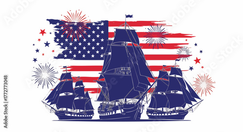 Illustration of ships in front of an American flag with fireworks. Concept of patriotism, celebration, and freedom