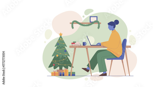 Remote work during the holidays Woman using a laptop next to a festive Christmas tree