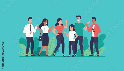 Diverse team illustration People collaborating communicating and greeting happily