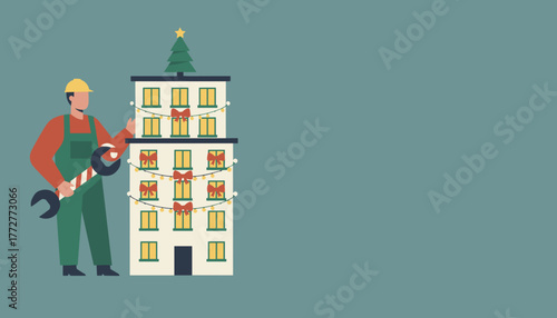 Christmas maintenance Builder decorates apartment building with lights and a festive wrench
