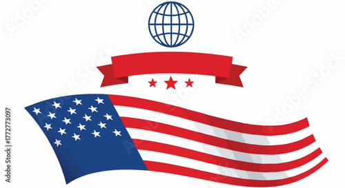 Illustration of the American flag with globe and ribbon elements on white. Concept for business, patriotic events, international relations
