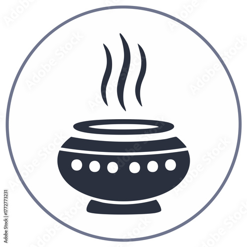 Stylized illustration of a hot pot with rising steam within a circle.