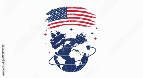Illustration of the USA flag with the globe, sailboats and star accents