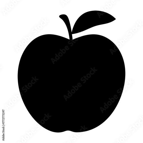 Silhouette of a black apple with a leaf on a white background