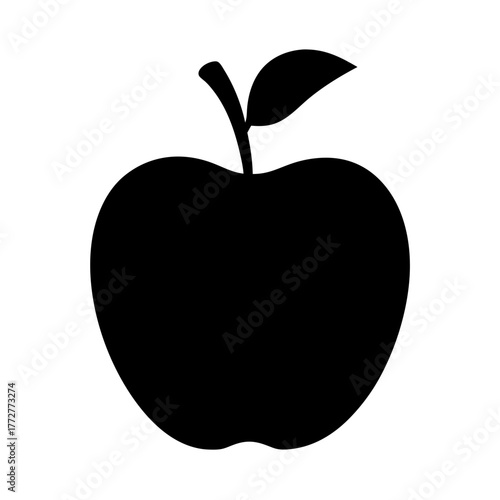 Apple silhouette icon with leaf on stem, Black apple silhouette with a stem and leaf, isolated on white background, ideal for icons, food designs, or health concepts.

