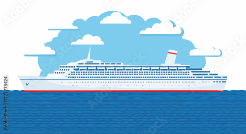 Large passenger cruise ship sailing on the deep blue ocean water, illustrated in a vibrant, flat vector design style