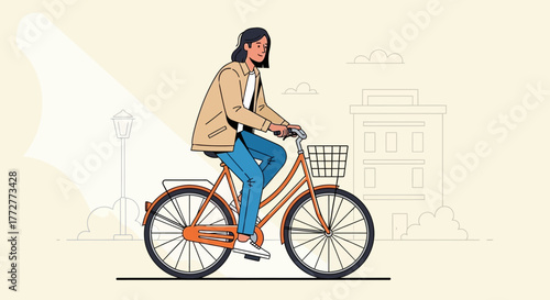 Woman riding bicycle in the city with simple background and clean linear artstyle vector