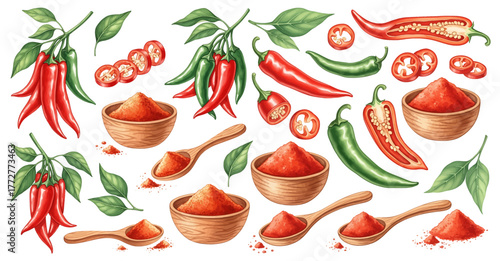 Watercolor illustration featuring red and green chili peppers, slices, powder in bowls and spoons, with leaves.