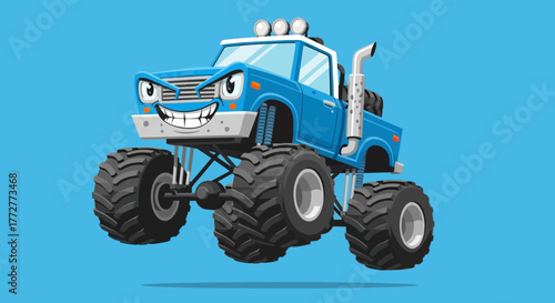 Blue monster truck cartoon with menacing expression, perfect for children's illustrations