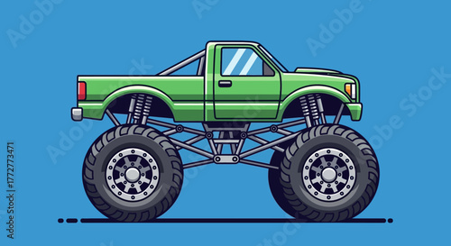 Illustration of a bold green monster truck with huge tires against a blue backdrop