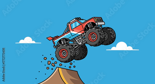 Cartoon monster truck performing a jump over a hill with clouds in the background