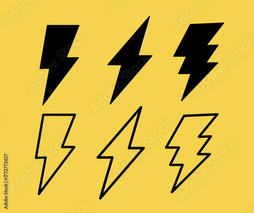 Lightning bolts yellow black electricity power outline flat