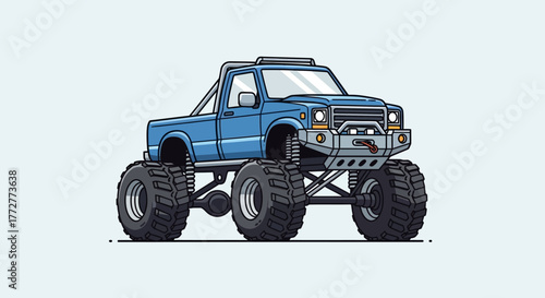 Detailed illustration of a striking blue monster truck with oversized tires and custom suspension