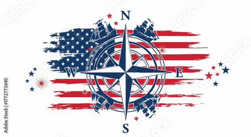 Nautical compass overlaying a distressed American flag with sailing ships, stars, and fireworks. Represents patriotism, exploration, and freedom