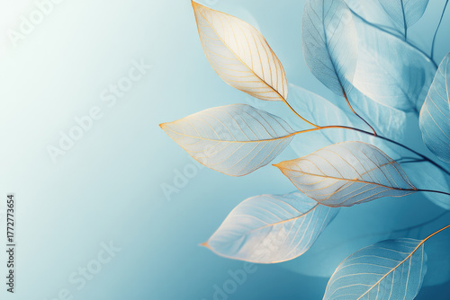 Elegant background of translucent leaves with golden veins on blue gradient. Minimal and refined composition symbolizing nature, purity, and luxury. For cosmetics, branding, wedding invitations