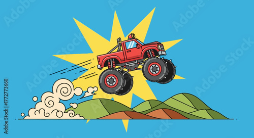 Cartoon monster truck jumping over hills with a starburst background in a vibrant scene