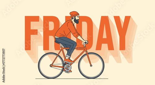 Stylized Friday illustration featuring a bearded cyclist enjoying the end of the week ride