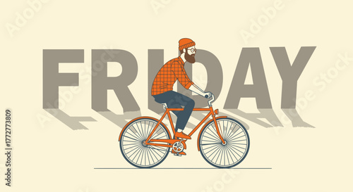 Stylized Friday cycling illustration featuring a hipster man on a vintage bicycle
