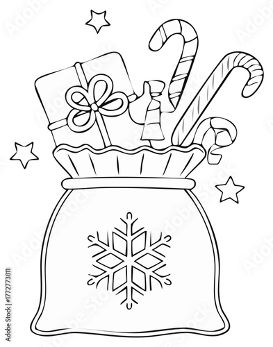 Christmas sack illustration with gifts candy canes and stars