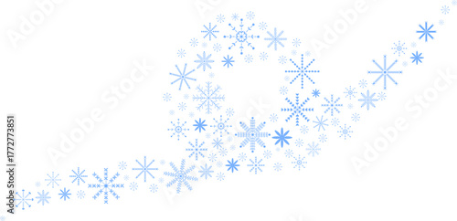 Stylish vector composition of winter wind in the form of a wave of snowflakes. Light and elegant illustration conveys the movement and cold atmosphere of the winter season. Suitable for postcards