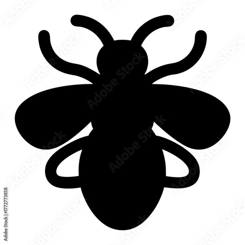 Simple black silhouette of a bee with stylized features on white background