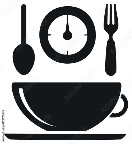 Dining Time Management Icon with Utensils Clock and Beverage Cup Symbol