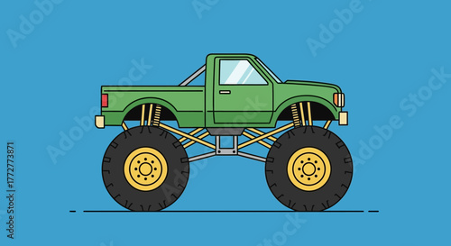 Illustration of a cartoonish green monster truck with oversized wheels against a blue backdrop