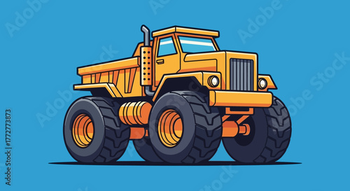 Cartoonish depiction of a yellow dump truck with oversized wheels for kids products
