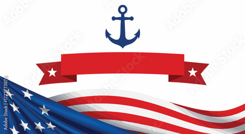 Patriotic American flag design featuring a blue anchor icon and a blank red banner with stars, perfect for national holidays or naval themes