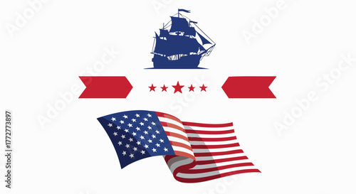 Patriotic American graphic featuring a waving US flag, five red stars, and a historic blue silhouette of a sailing ship