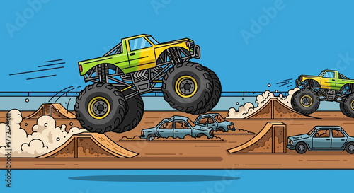 Cartoon monster truck rally action with crushing cars and dirt ramps in vibrant colors
