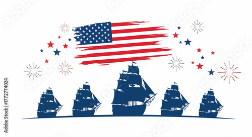 Patriotic design featuring a grunge American flag, blue silhouette tall ships, festive stars, and fireworks. Perfect for US national holidays
