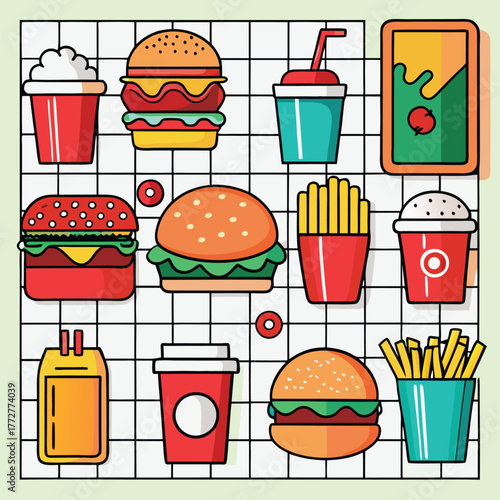 An illustration of various burger and fast-food items