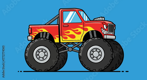 Cartoonish illustration of a vibrant red monster truck with aggressive details and bold tires