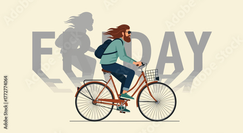 Illustrated figure of a man cycling joyfully on a Friday in flat design style