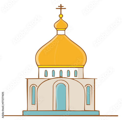 Stylized Eastern Orthodox Church with Golden Dome and Cross