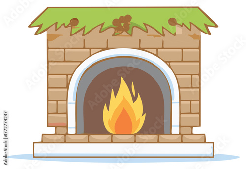 Cartoon Brick Fireplace with Burning Fire and Christmas Decoration for Cozy Indoor Illustration