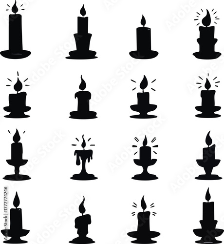 Set of 16 black candle silhouettes with varied flame, wax, and holder designs isolated on white background