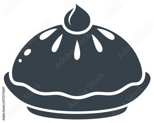 Simple monochrome glyph icon of a whole baked pie with a crimped crust