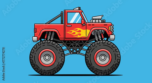 Cartoonish monster truck illustration with vibrant red body and flame decals for kids entertainment