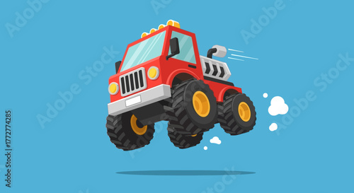 Cartoon Monster Truck Jumping with Speed, Illustration for Children's Entertainment and Design