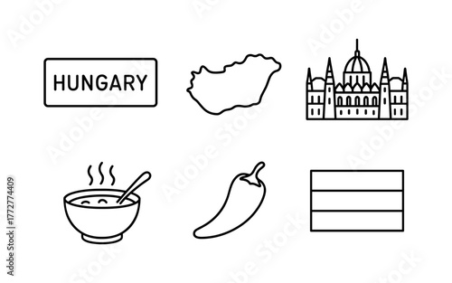 Hungary icons set: parliament, cuisine, landmarks, flag, outline style