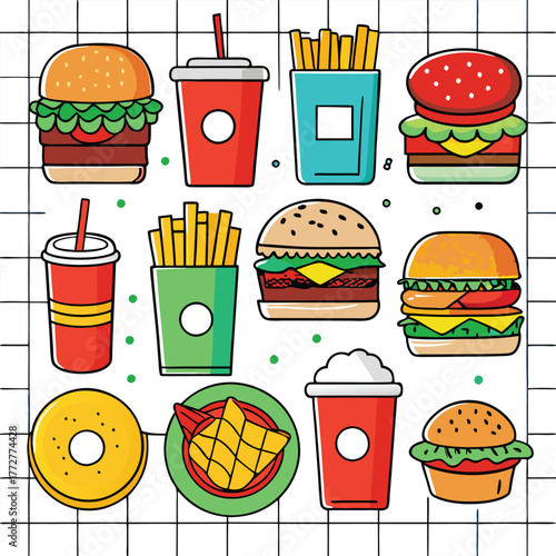 An illustration of various burger and fast-food items