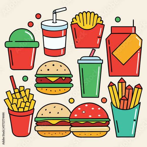 An illustration of various burger and fast-food items