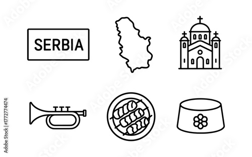 Linear icons of serbian culture: map, church, trumpet, cuisine, fez